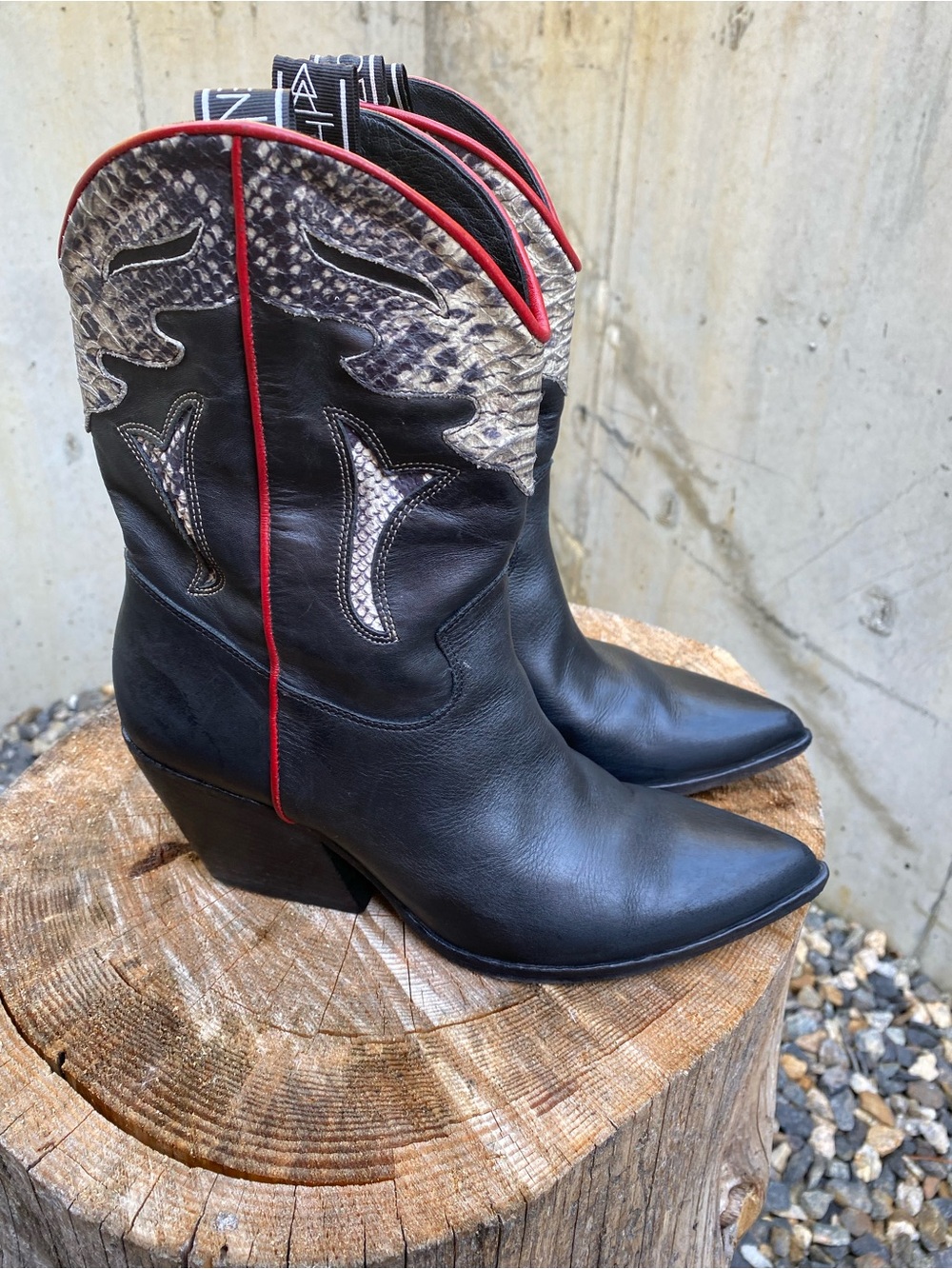 Elena Iachi Black Leather Western Ankle Boots with Python Snake Detail Trim 38